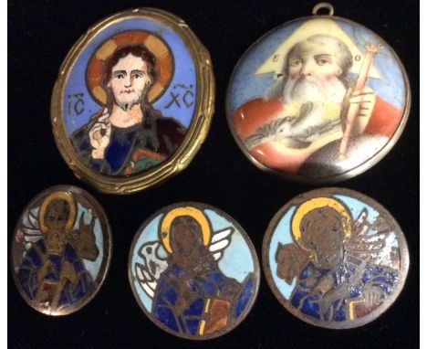 A COLLECTION OF ANTIQUE ENAMEL ON COPPER OVAL MINIATURE PORTRAITS Religious scenes, painted in relief portrait of Christ with