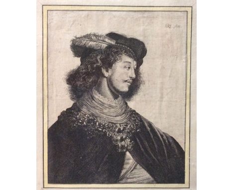 WILLIAM VAN DE LEEOW, AFTER REMBRANDT HARMENSZ VAN RIJNM 1606 - 1669, A 17TH CENTURY BLACK AND WHITE ENGRAVING  Portrait of a