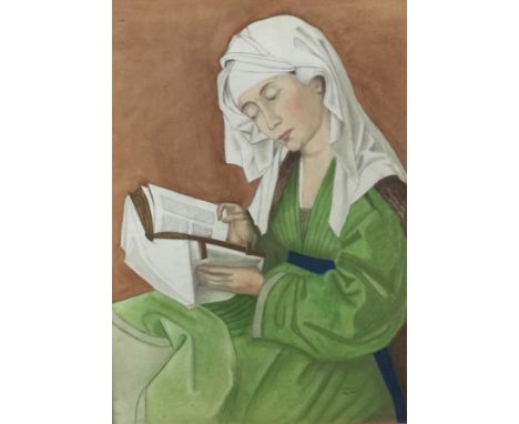 JANSEN,1965, WATERCOLOUR  Portrait of a lady wearing a green robe and white scarf, framed and glazed. (42cm x 57cm)