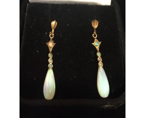 A PAIR OF 9CT GOLD AND OPAL DROP EARRINGS.