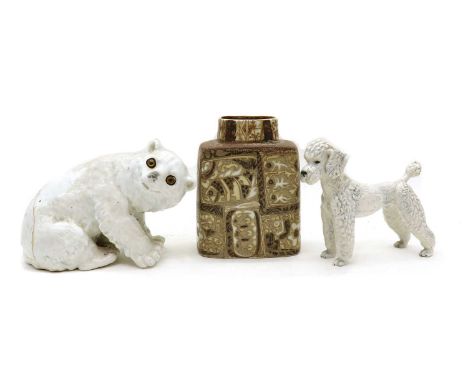 A Royal Copenhagen vase, 20th century, faience pattern, of tapering angular form, 19cm high  together with a polar bear cub, 