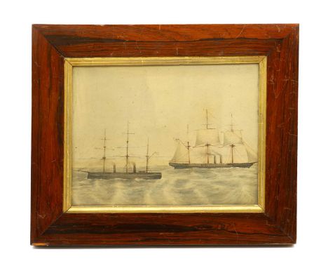 English School c. 1850Two steam and sailing shipswatercolour, unsigned, in a rosewood frame, 43 x 35.5cmtogether with after H