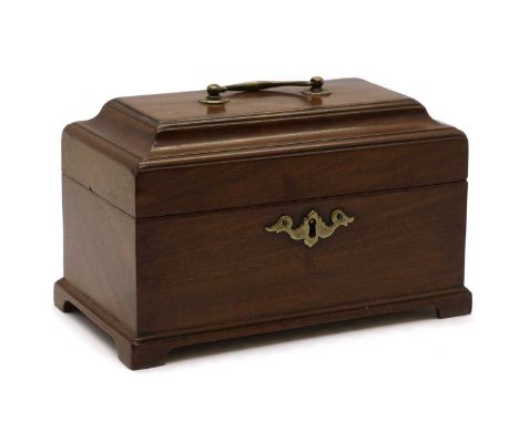 A George III mahogany tea caddy, fitted brass swan neck handle and shaped escutcheon on bracket feet, 23cm wideCondition Repo