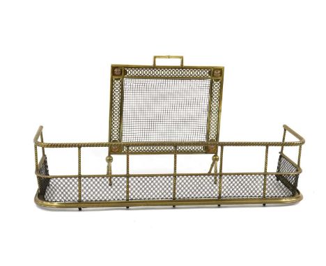 A Victorian brass and mesh fender,with a rope twist top rail,123cm wide30cm deep30cm hightogether with a similar fireguard,56