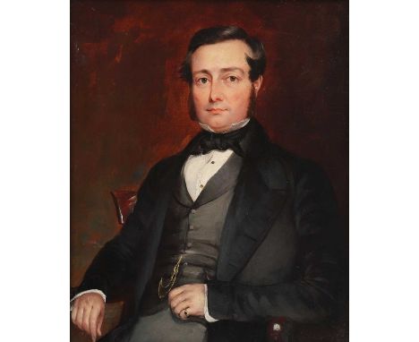 English School, c.1840Portrait of a gentleman, half-length seated, wearing a black coat with grey waistcoat and black stockoi