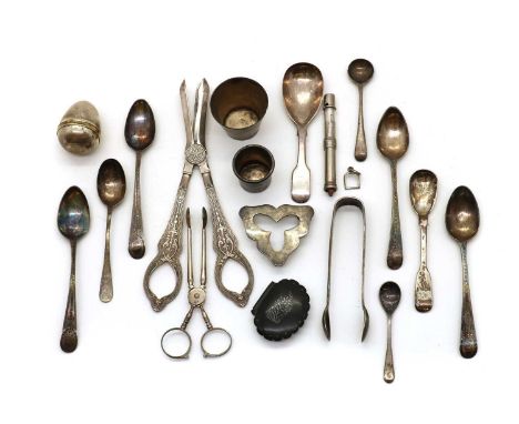 A collection of silver items,to include a set of four George III bright-cut engraved teaspoons, London 1817, a mechanical pen