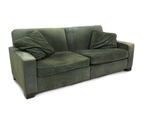 A Kingcome two-seater sofa,modern, in gray and green mottled upholstery, with loose seat cushions, raised on block supports21