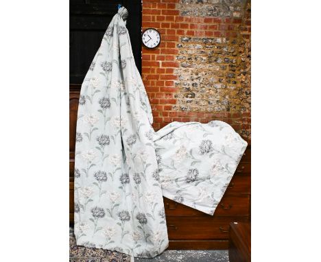 Three pairs of Laura Ashley 'Ruskin' curtains, pale blue ground with grey and cream chrysanthemums, pleated headers, lined an