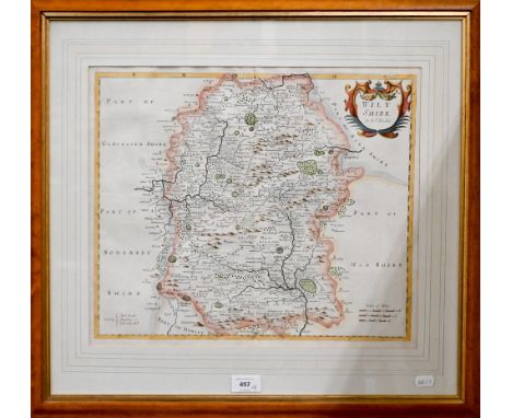 A Robert Morden county map engraving of Wiltshire, 35 x 41.5 cm to/w an Ogilvy road-map, London to Barstable (sic) 36.5 x 44.