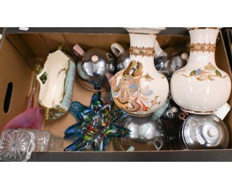 A pair of Japanese pottery vases, 'papillon' glass dish, majolica flower trough, Heatmaster chrome and pottery tea ware etc (