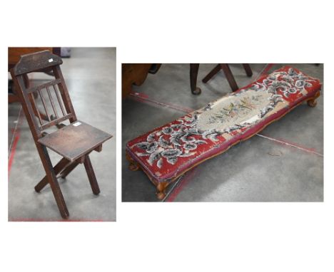 Victorian walnut framed fender stool with floral tapestry and bead embroidered upholstery (f/r) 110 cm w to/w an early 20th c