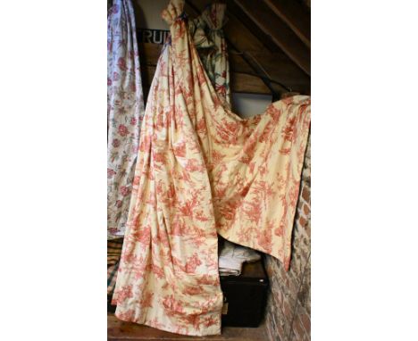Six curtains in cream and red toile de jouy fabric, two with curved padded headers, possibly for a canopy, and three with tri
