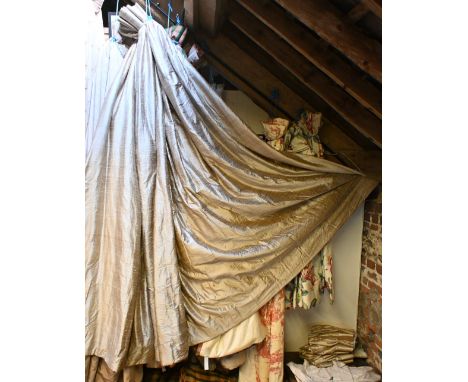 A pair of mocha silk slub curtains to/w similar single curtain, lined and interlined with triple pleat header and c/w pleated