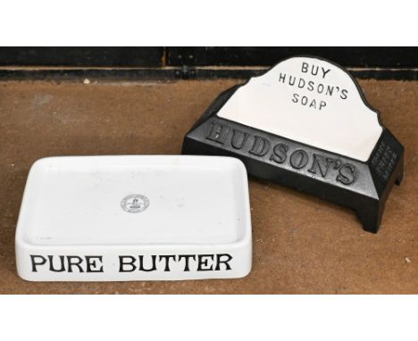 A Hudson's Soap cast iron dog water trough to/w an 'Drink Puppy Drink' advertising print and an early 20th century Grocer's c