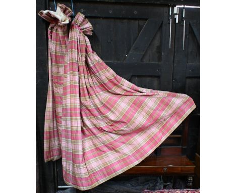 Pair of pink plaid curtains, triple pleat header, lined and interlined, 210 cm drop, 116 cm wide