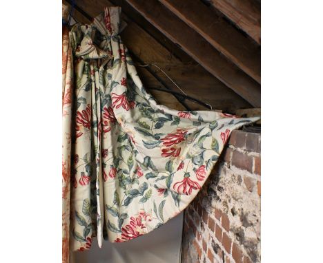 Pair of curtains, cream ground with pink honeysuckle flowers, triple pleat header, lined and interlined, 130 cm drop, 94 cm w