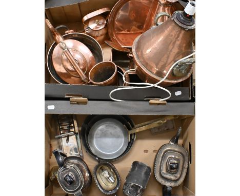 A graduated set of three copper skillets, various other copper including kettles etc, to/w an epns part tea service and other