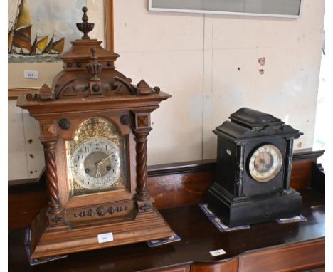 A late 19th century German walnut cased bracket clock with brass dial and silvered chapter ring, twin train eight day movemen