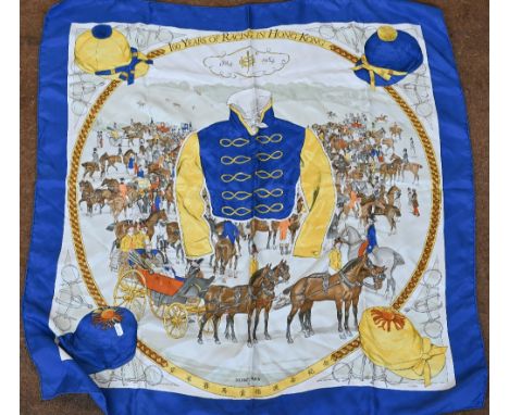 Hermes silk scarf - 'One hundred years of racing in Hong Kong', rolled edge