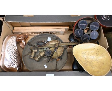 A vintage red-painted circular spice-box with inner pots to/w two carved wood gingerbread moulds, two sets of scales with wei