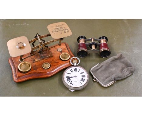 A Swiss ep large pocket watch with top-wind lever movement (1902 presentation inscription), 6.8 cm diam, to/w a pair of opera