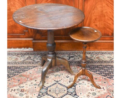 An antique oak circular tilt-top table, 64 cm diameter to/w a small reproduction tripod wine table (2)