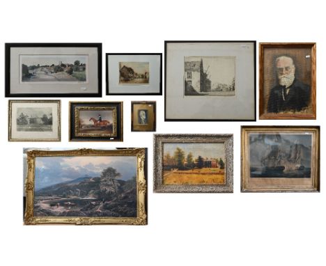 Mixed pictures to include Joseph Bawden etching, M C Robinson etching, views, portraits of Mark Heaton Robinson etc, large la