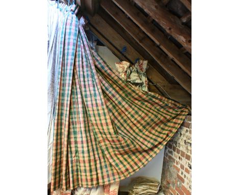 Two pairs of silk green, yellow and red plaid curtains, lined and interlined, 210 cm drop x 132 cm wide