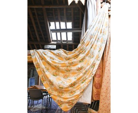 Four single yellowand cream floral chintz curtains and pelmets, lined and interlined with triple pleat headers, 250cm x 92cm,