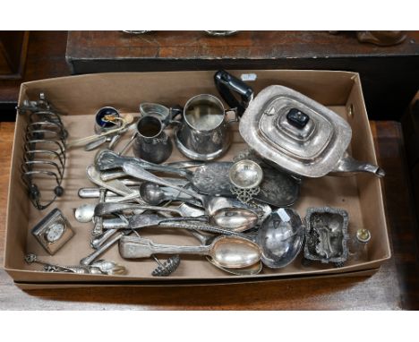 An Arts &amp; Crafts ep cream and sugar pair of 'churn' design (unmarked) to/w a 'gondola' toastrack and various oddments of 