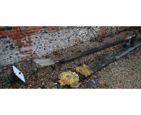 A Victorian cast iron lamp post with part copper lantern top, a/f weathered and damaged to/w two old cast iron rainwater hopp