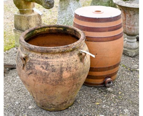 A weathered terracotta planter to/with a salt glazed barrel water filter, both a/f (2)