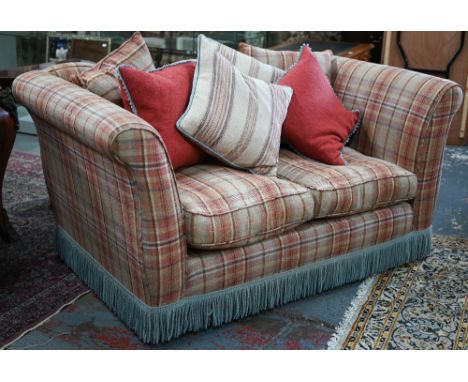 A contemporary classic country house triple hump back two seat sofa, deep seated, in checked fabric c/with scatter cushions