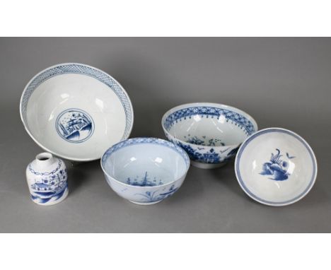 A Georgian pearlware punch bowl with underglaze blue chinoiserie decoration, 24.5 cm diameter, to/w a 22 cm diameter example,
