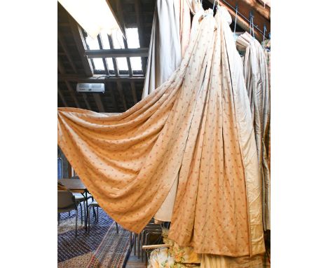 Two pairs of ochre curtains with pink sprigs, pleated header, lined and interlined, 256 cm drop x 243 cm wide