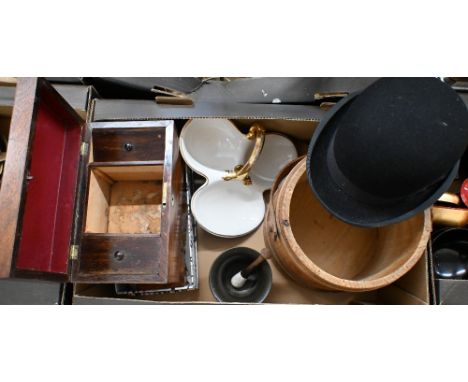 An antique bronze mortar, to/w a coopered pine flour-pail, Locke &amp; Co bowler hat, Regency rosewood sarcophagus tea caddy,