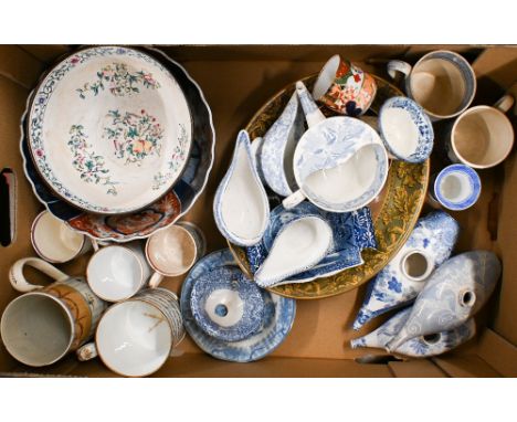 Various Georgian and later blue and white printed pottery, including three pap-boats, three infant feeders and an invalid cup