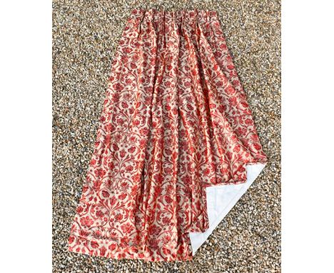 A pair of lined and interlined shot silk curtains on gold ground with crimson floral motifs, triple pleat heading, approx 87 