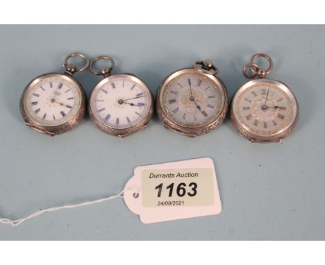 Four assorted ladies silver cased fob watches, two with enamel dials