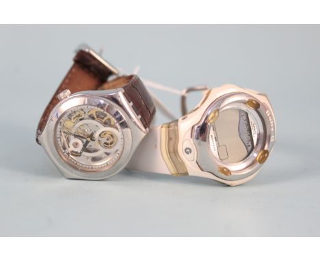 A gents Swatch 2841-1 skeleton watch with a vintage Casio Baby G watch