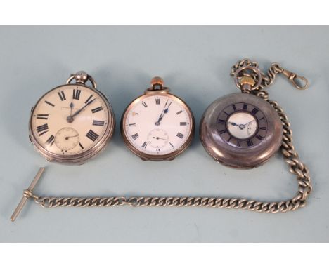 Two silver cased pocket watches and a plated pocket watch with chain