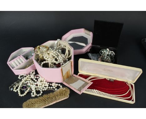 A quantity of costume jewellery etc including a 9ct gold silver ring and a silver backed brush