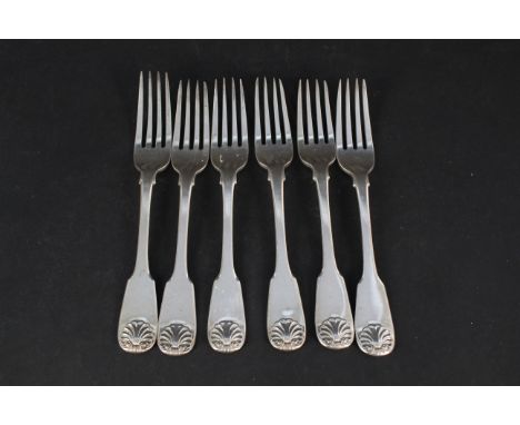 A set of six Georgian silver shell pattern forks, hallmarked London 1826, makers mark Charles Eley, weight approx 530g