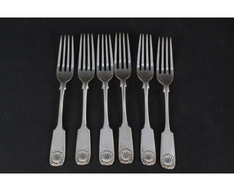 A set of six silver shell pattern forks, hallmarked Sheffield 1916, makers mark William Hutton &amp; Sons Ltd, weight approx 