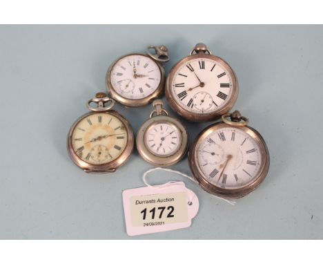 A selection of five pocket watches, two with silver cases