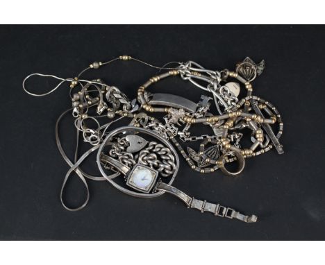 A mixed lot of silver and white metal jewellery including bracelets, a ladies watch, necklaces, rings etc