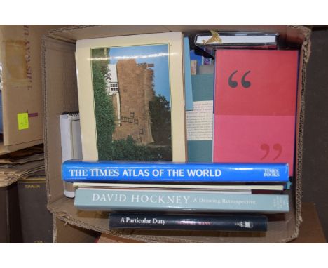 BOX OF MIXED BOOKS - THE TIMES ATLAS OF THE WORLD, DAVID HOCKNEY A DRAWING RETRESPECTIVE