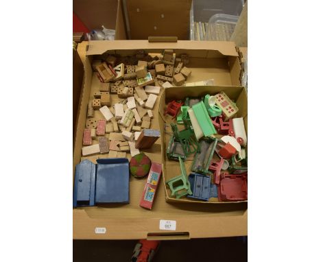 TRAY CONTAINING DOLLS HOUSE FURNITURE, WOODEN BOX ETC
