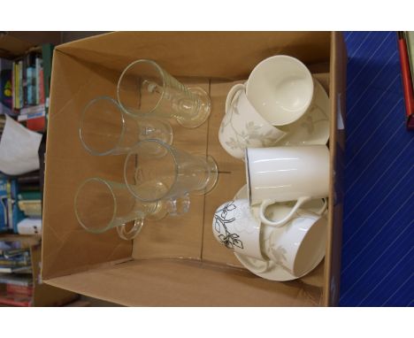 BOX CONTAINING CASHMERE MOON SHADOW FINE BONE CHINA TO INCLUDE CUPS AND SAUCERS ETC, FOUR GLASSES