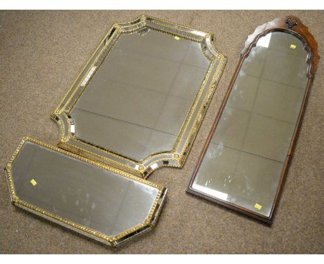 A Queen Anne-style burr-walnut framed wall mirror with shell motif; and an Italian-style wall mirror, rectangular with re-ent